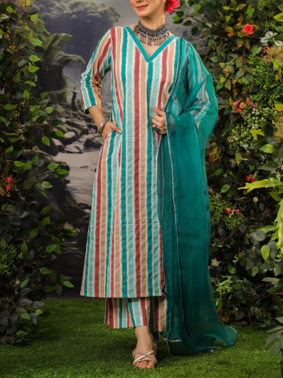 Zayla Zaheeda Cotton A-Line Kurta Set with Multicolored Print