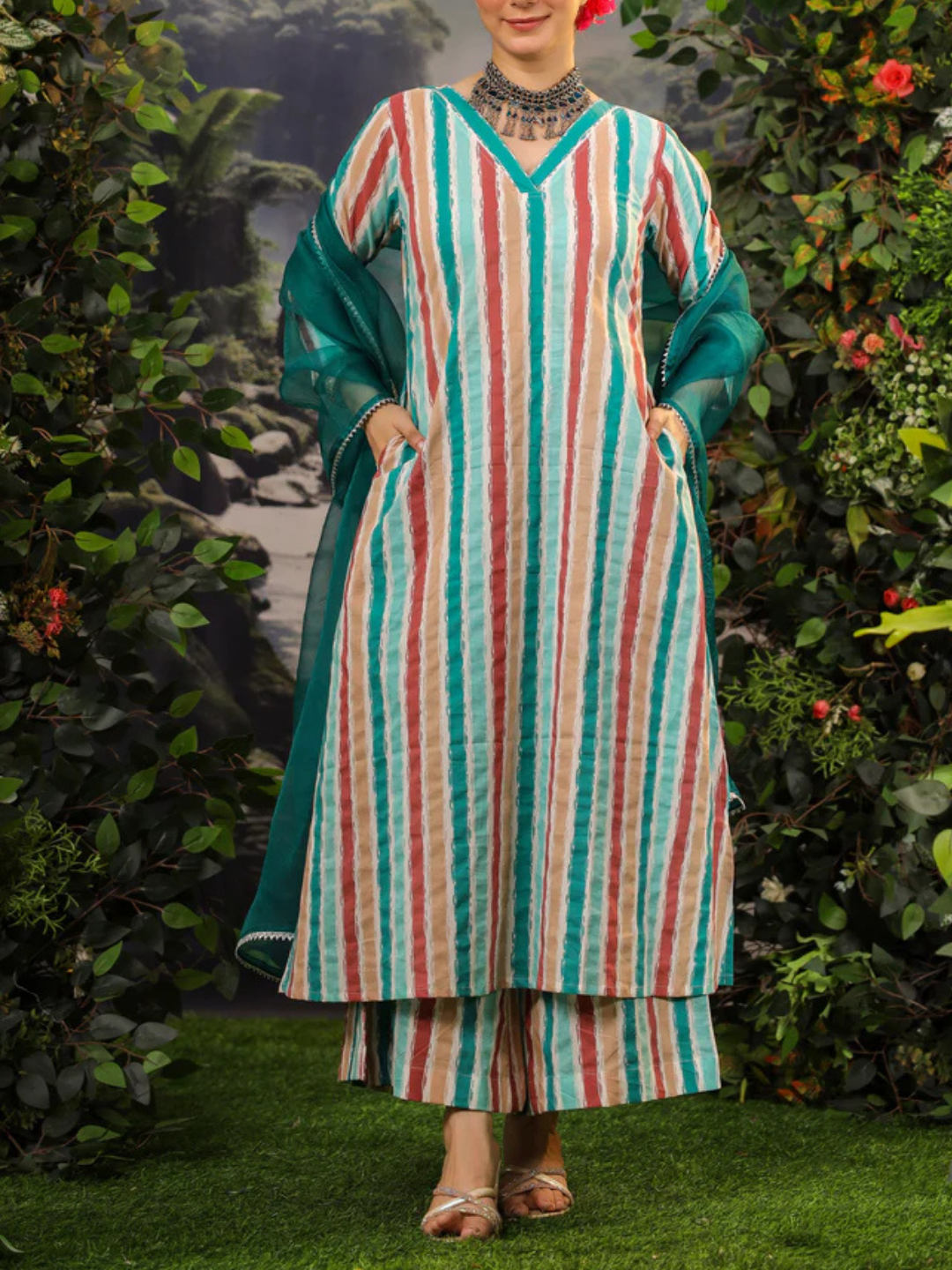 Zayla Zaheeda Cotton A-Line Kurta Set with Multicolored Print