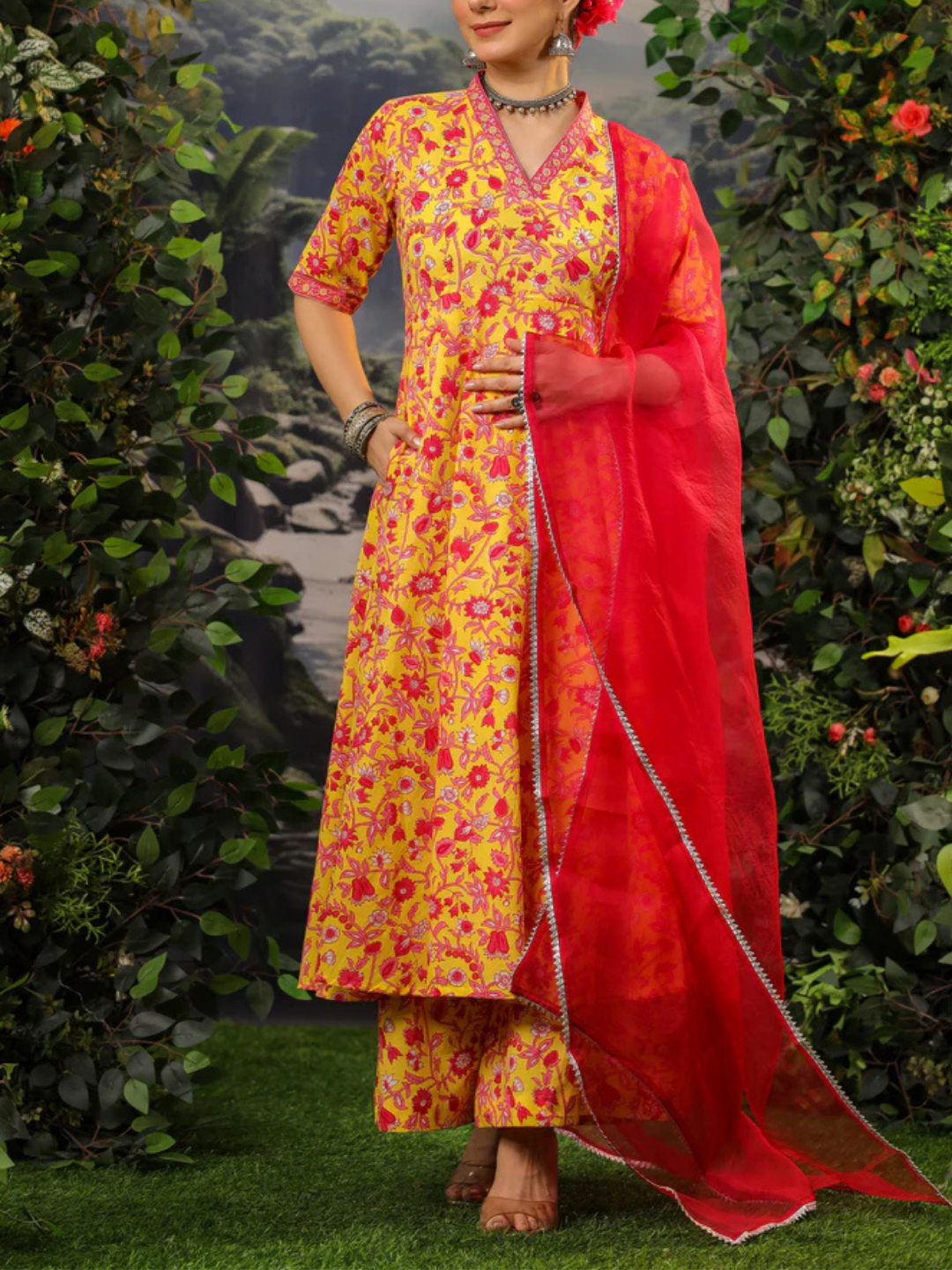 Zayla Surya Anarkali Cotton Suit Set with Floral Print