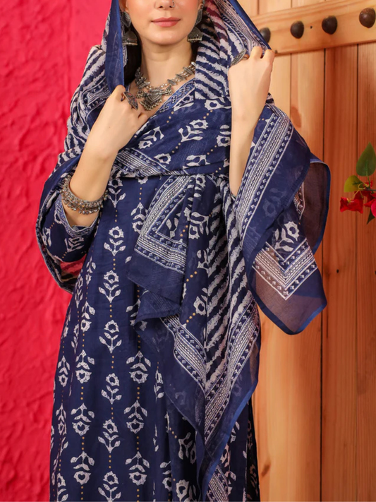 Zayla Blue Boota Suit Set with Floral Print & Voile Dupatta