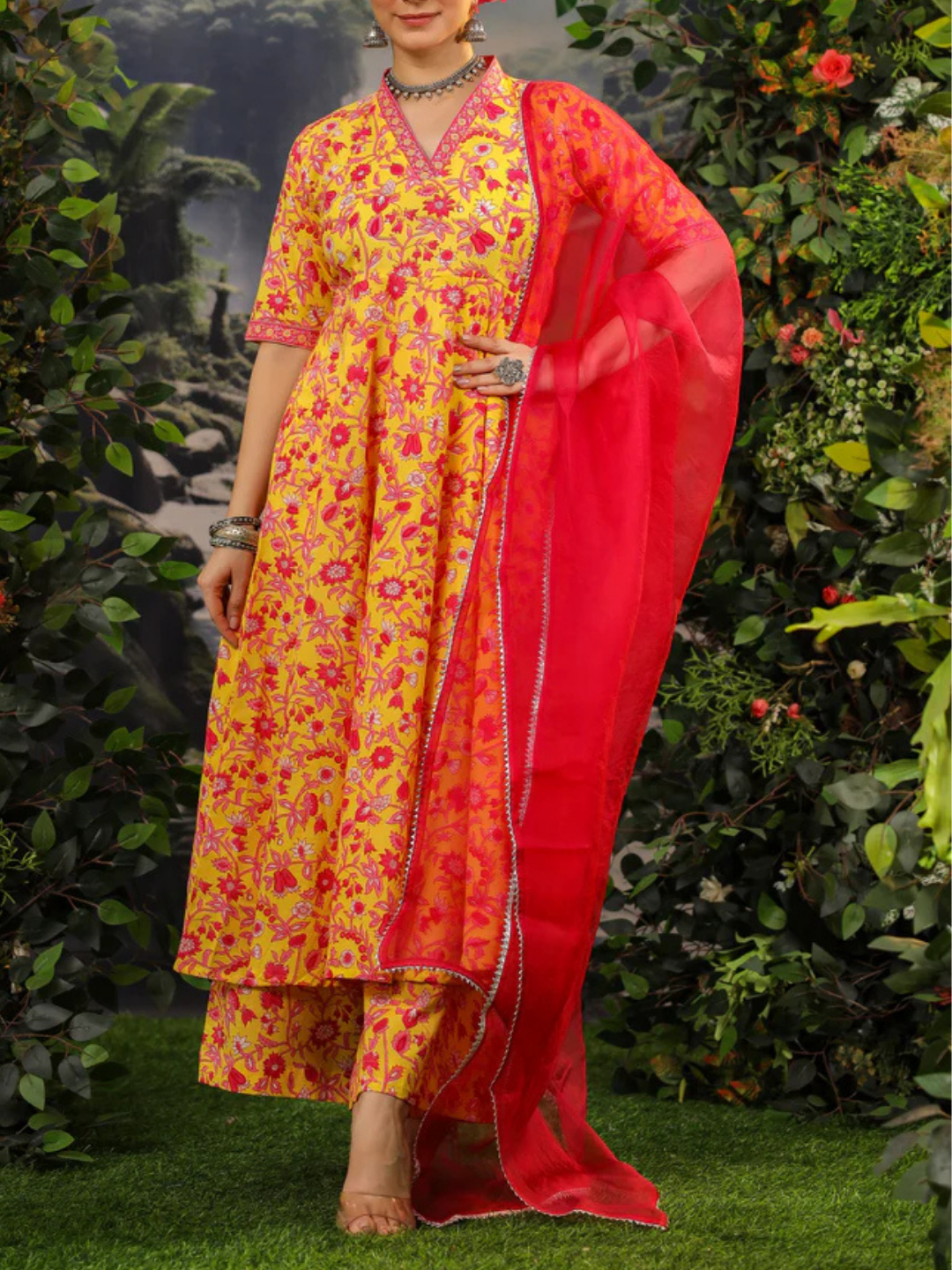 Zayla Surya Anarkali Cotton Suit Set with Floral Print