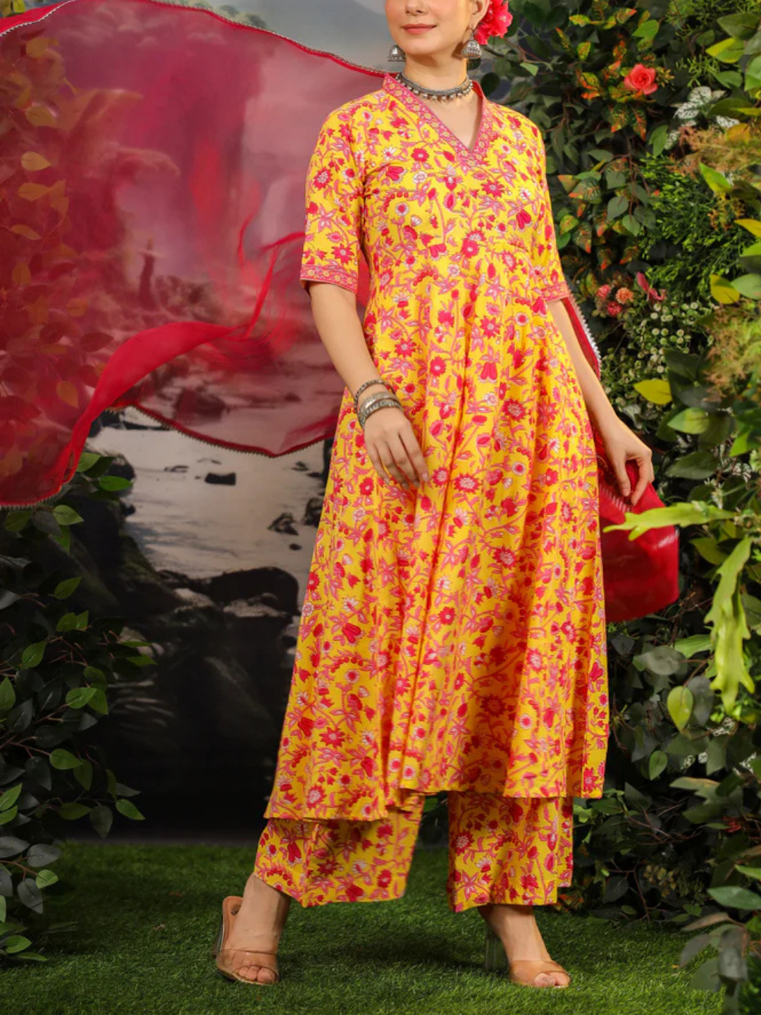 Zayla Surya Anarkali Cotton Suit Set with Floral Print