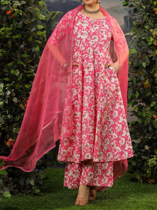 Zayla Heera Anarkali Cotton Suit Set with Floral Print