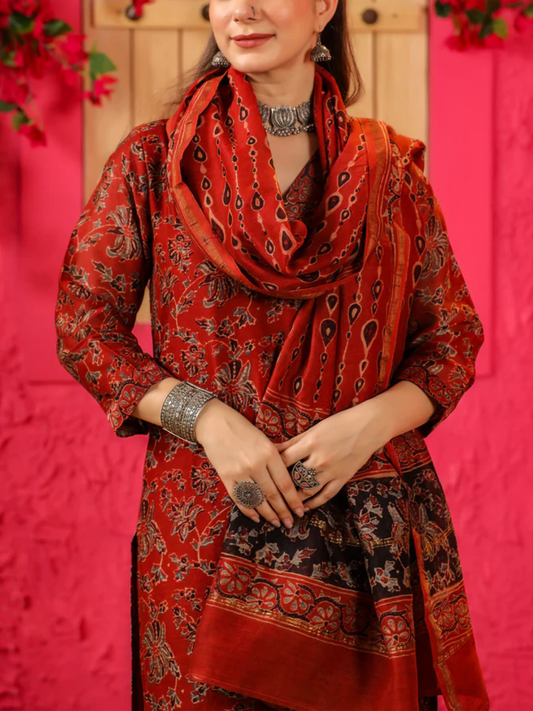 Zayla Falak Chanderi Suit Set - Hand-Block Printed Ajrak Design