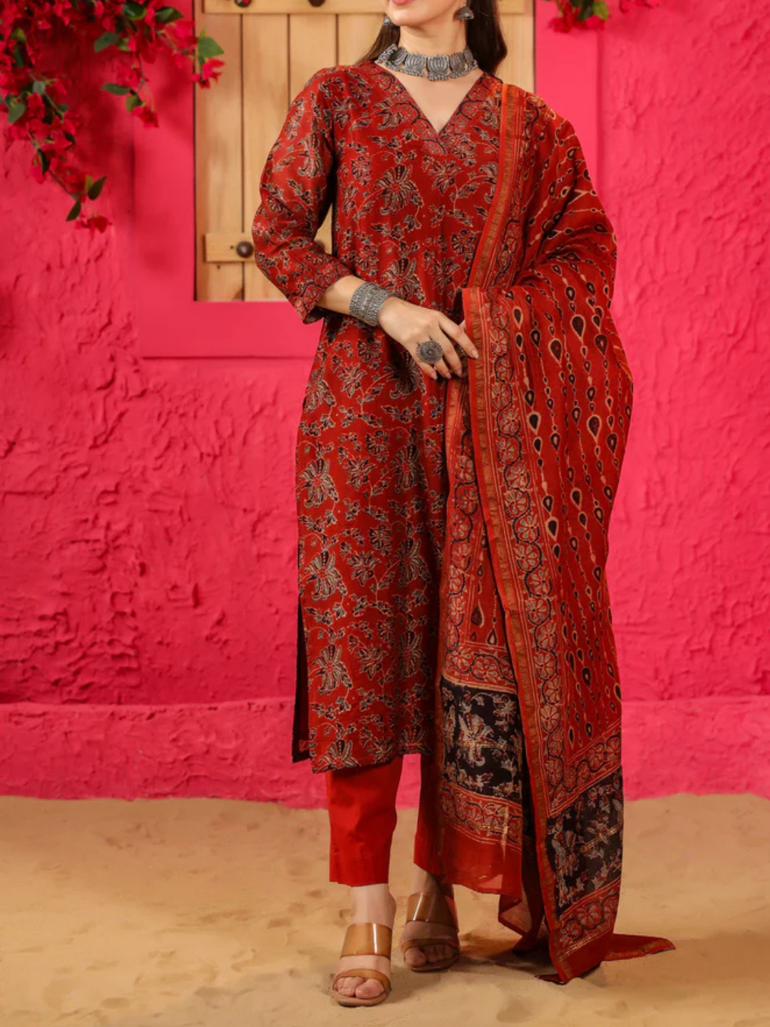 Zayla Falak Chanderi Suit Set - Hand-Block Printed Ajrak Design