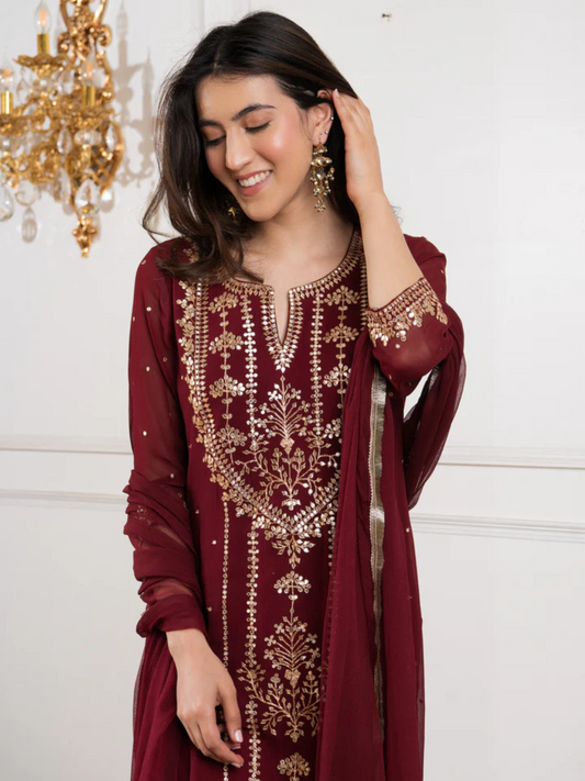 Zayla Viscose Georgette Suit Set with Hand Embroidery and Fringes