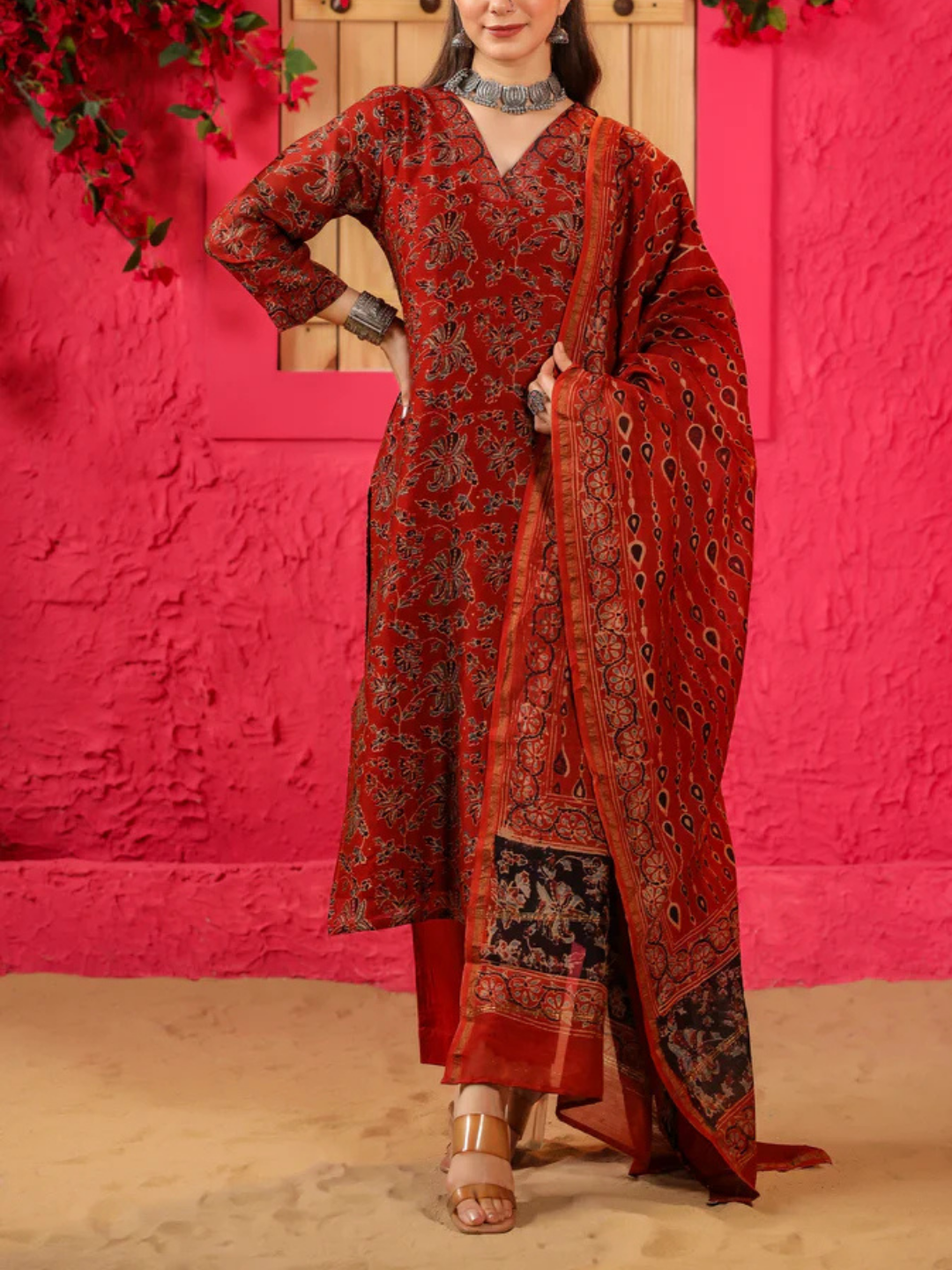 Zayla Falak Chanderi Suit Set - Hand-Block Printed Ajrak Design