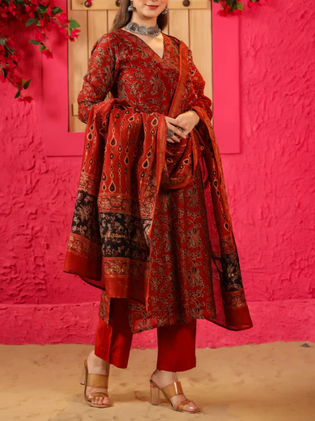 Zayla Falak Chanderi Suit Set - Hand-Block Printed Ajrak Design