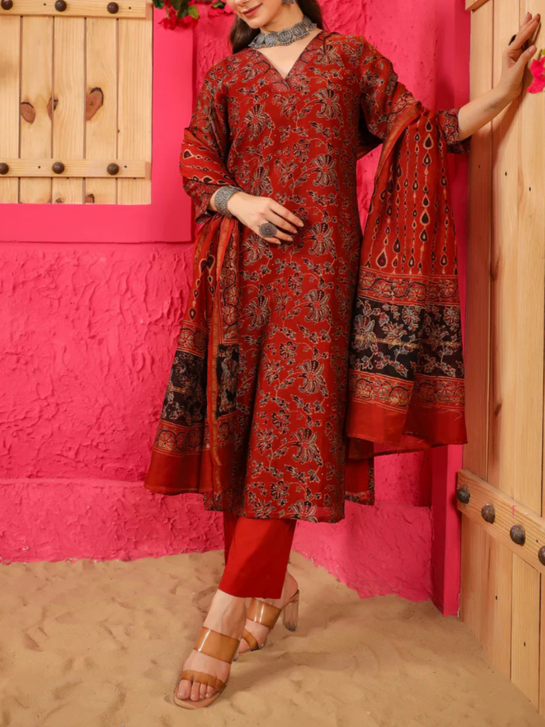 Zayla Falak Chanderi Suit Set - Hand-Block Printed Ajrak Design