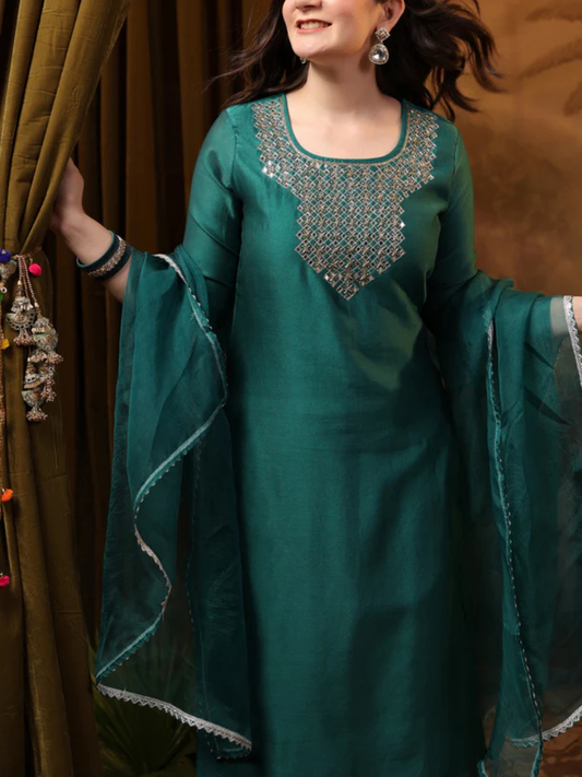 Zayla Teal Chanderi Suit Set with Mirror Work