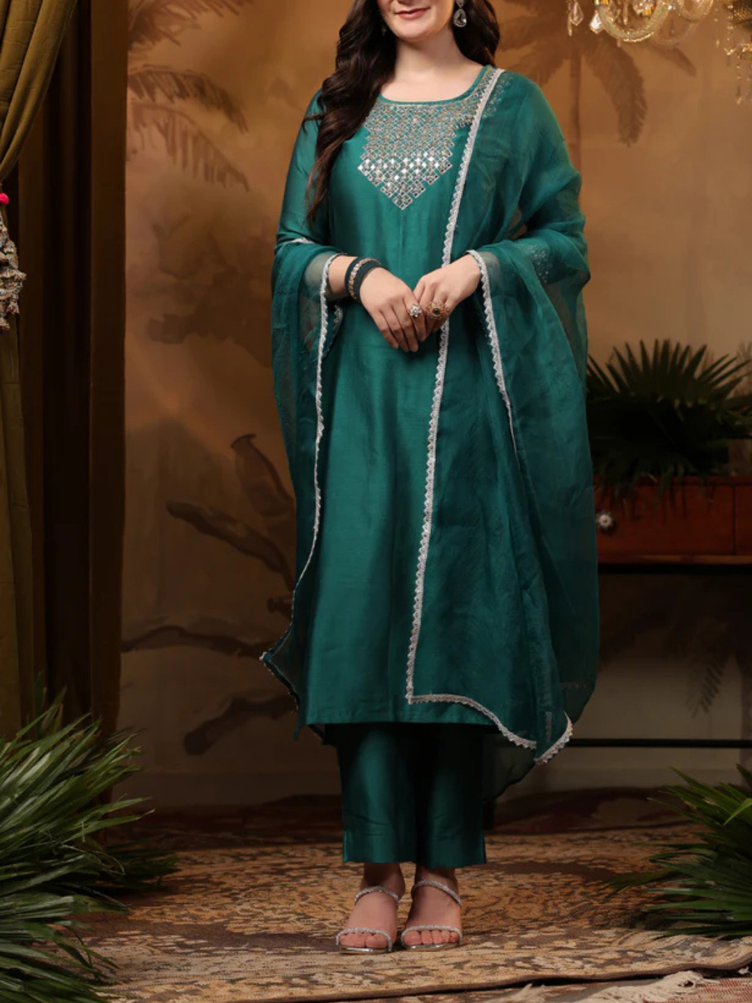 Zayla Teal Chanderi Suit Set with Mirror Work