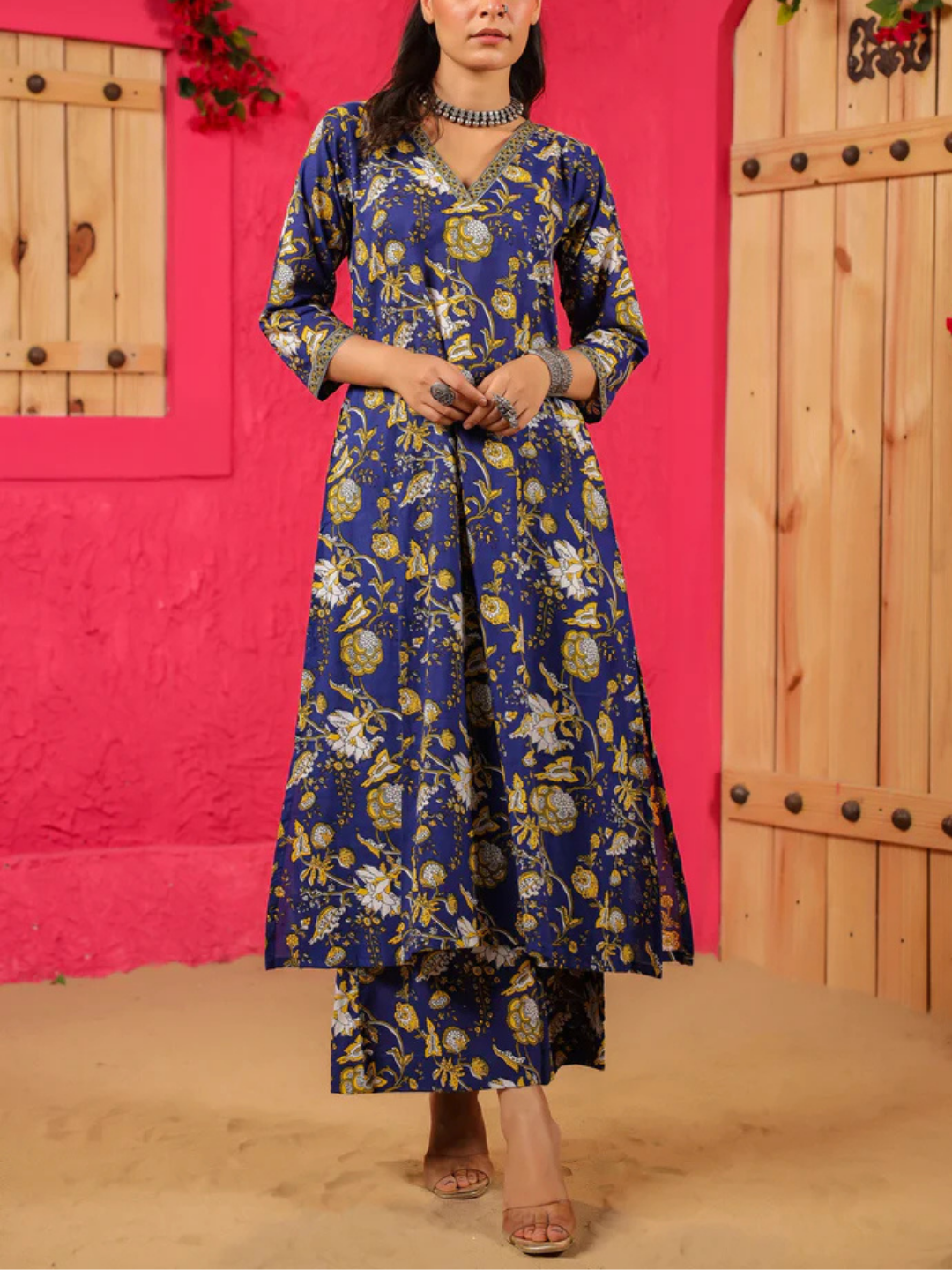 Zayla Tanaaz Cotton A-Line Kurta Palazzo Set with Screen Print