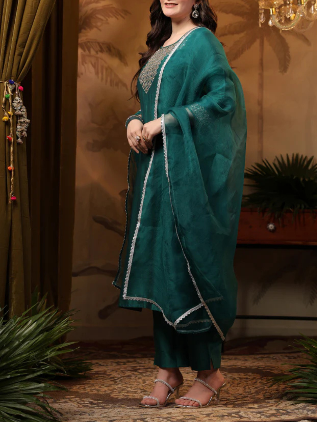 Zayla Teal Chanderi Suit Set with Mirror Work