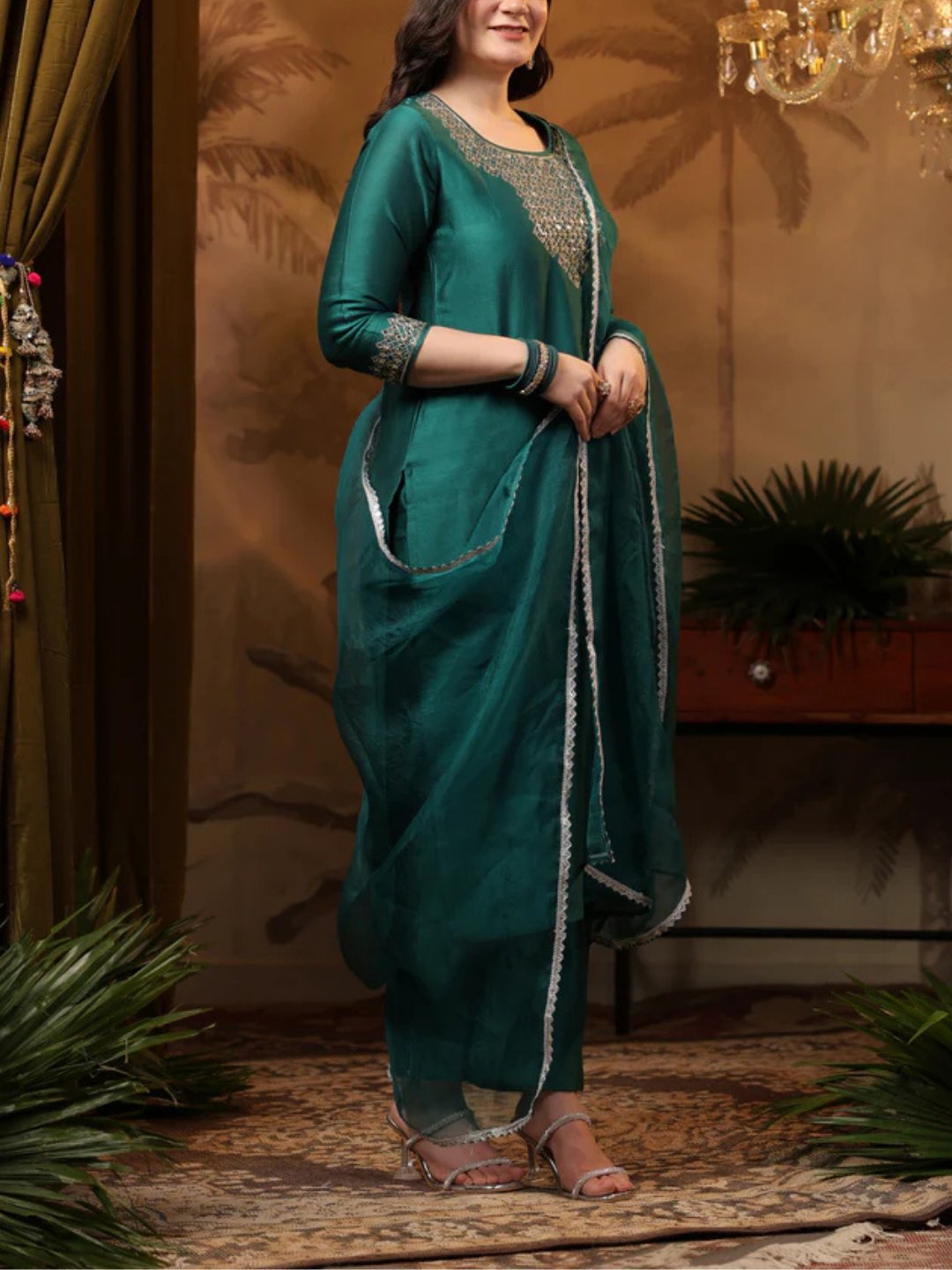 Zayla Teal Chanderi Suit Set with Mirror Work