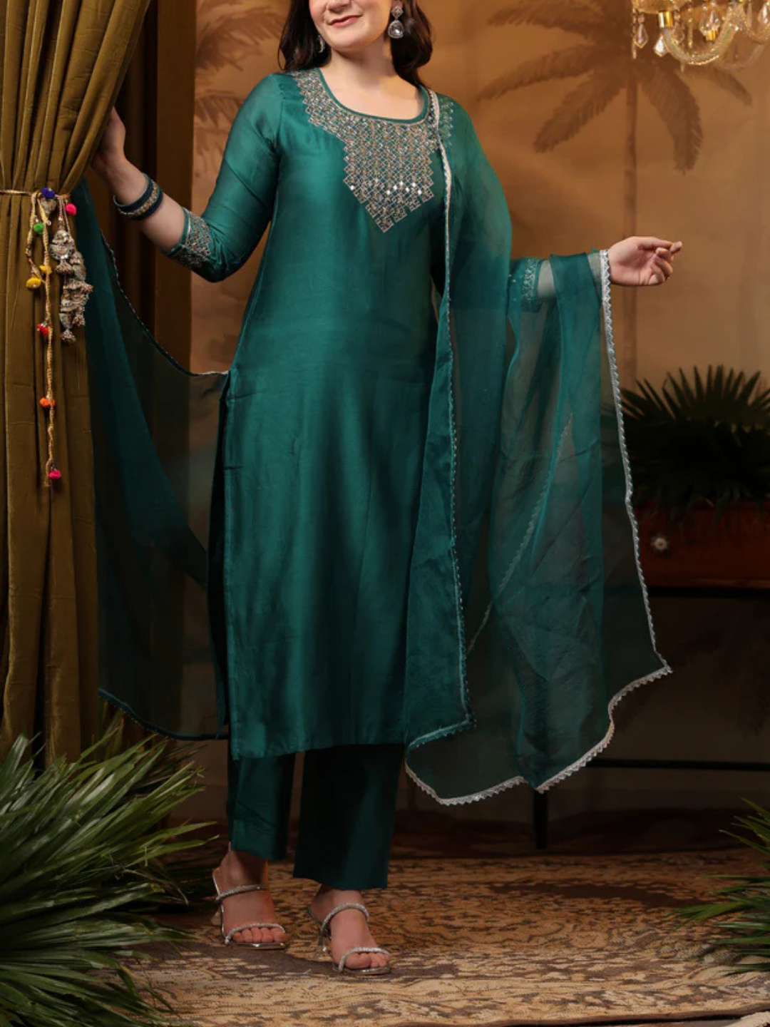 Zayla Teal Chanderi Suit Set with Mirror Work