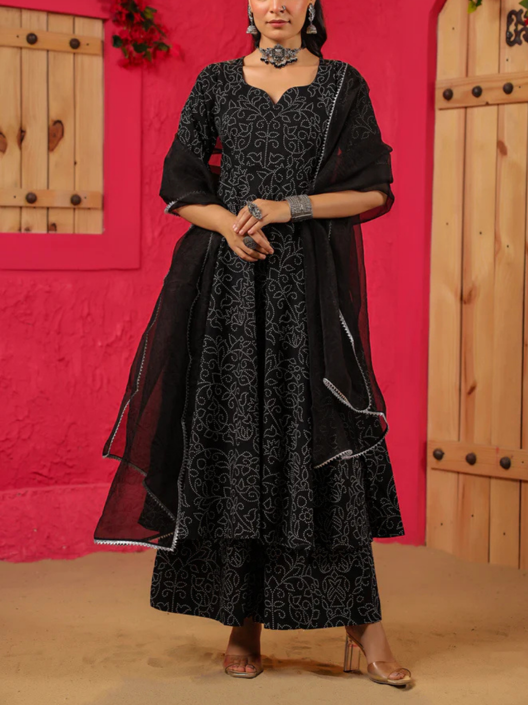 Zayla Fida Anarkali Cotton Suit Set with Hand-Block Printed Bandhej