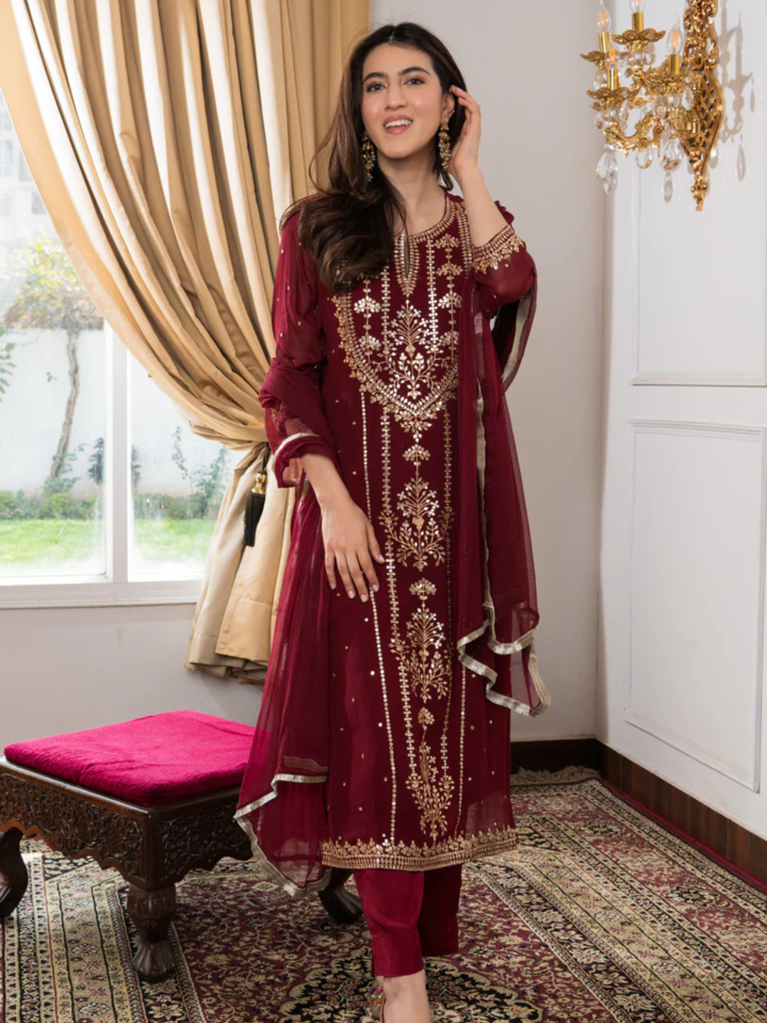 Zayla Viscose Georgette Suit Set with Hand Embroidery and Fringes