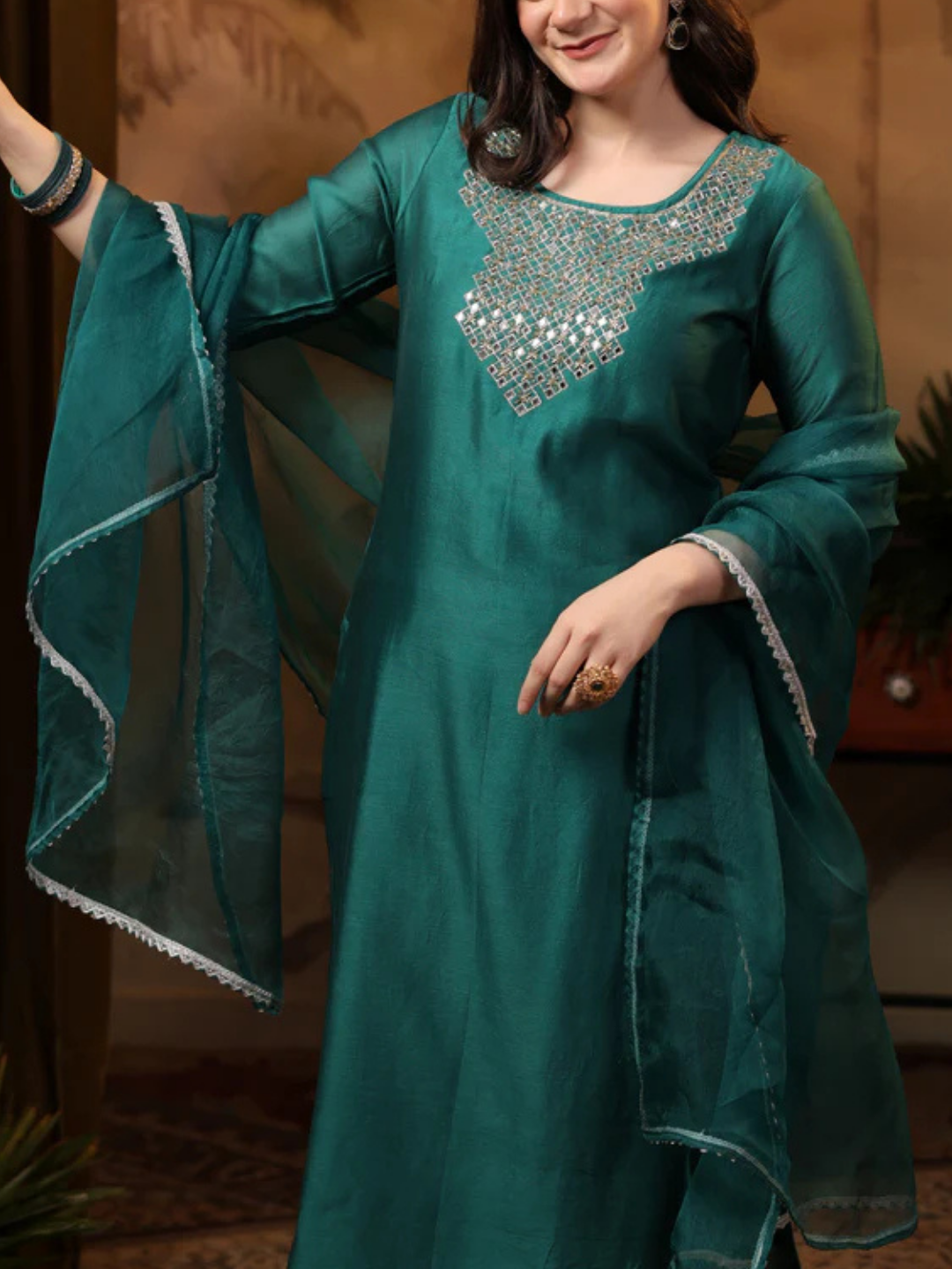 Zayla Teal Chanderi Suit Set with Mirror Work