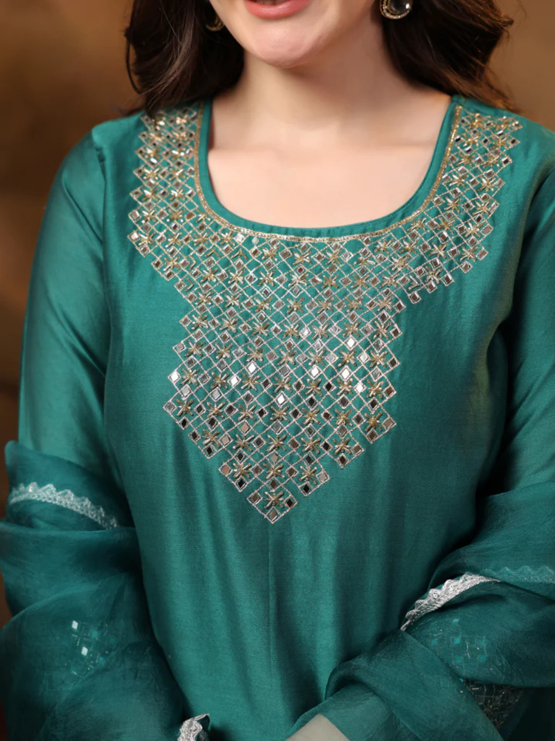 Zayla Teal Chanderi Suit Set with Mirror Work