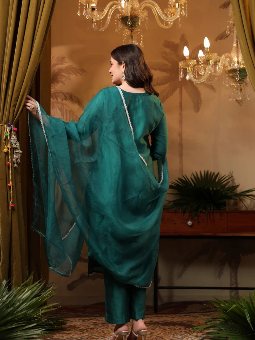 Zayla Teal Chanderi Suit Set with Mirror Work