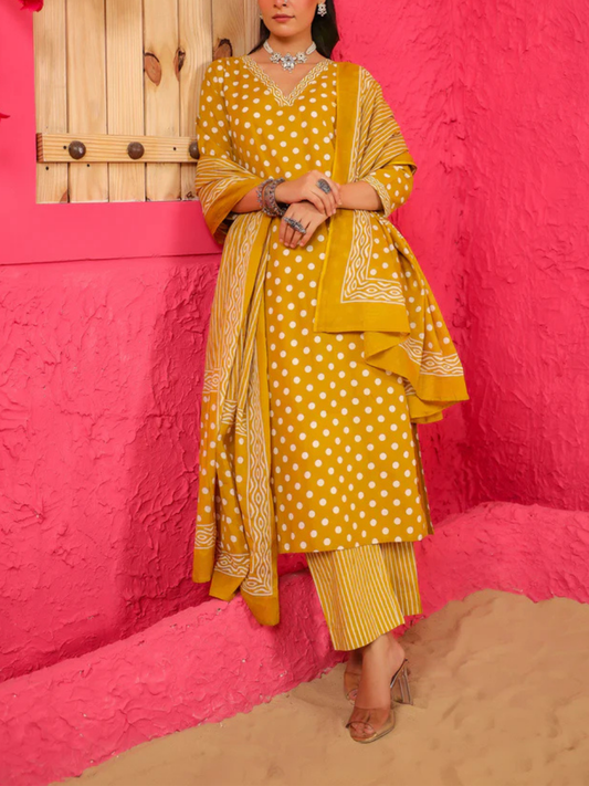 Zayla Yellow Polka Cotton Straight Suit Set with Screen Print