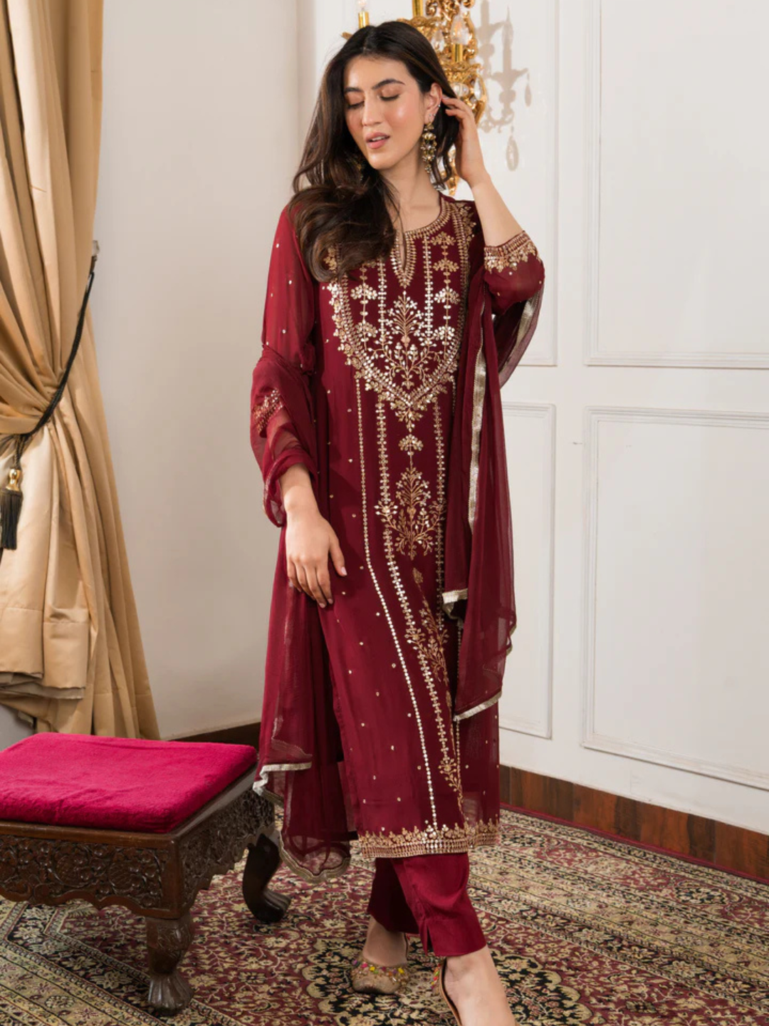 Zayla Viscose Georgette Suit Set with Hand Embroidery and Fringes