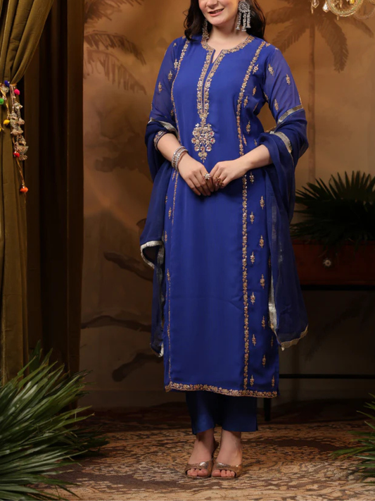 Zayla Royal Blue Georgette Suit Set with Marodi Embroidery