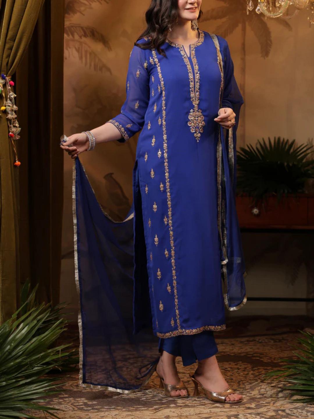 Zayla Royal Blue Georgette Suit Set with Marodi Embroidery