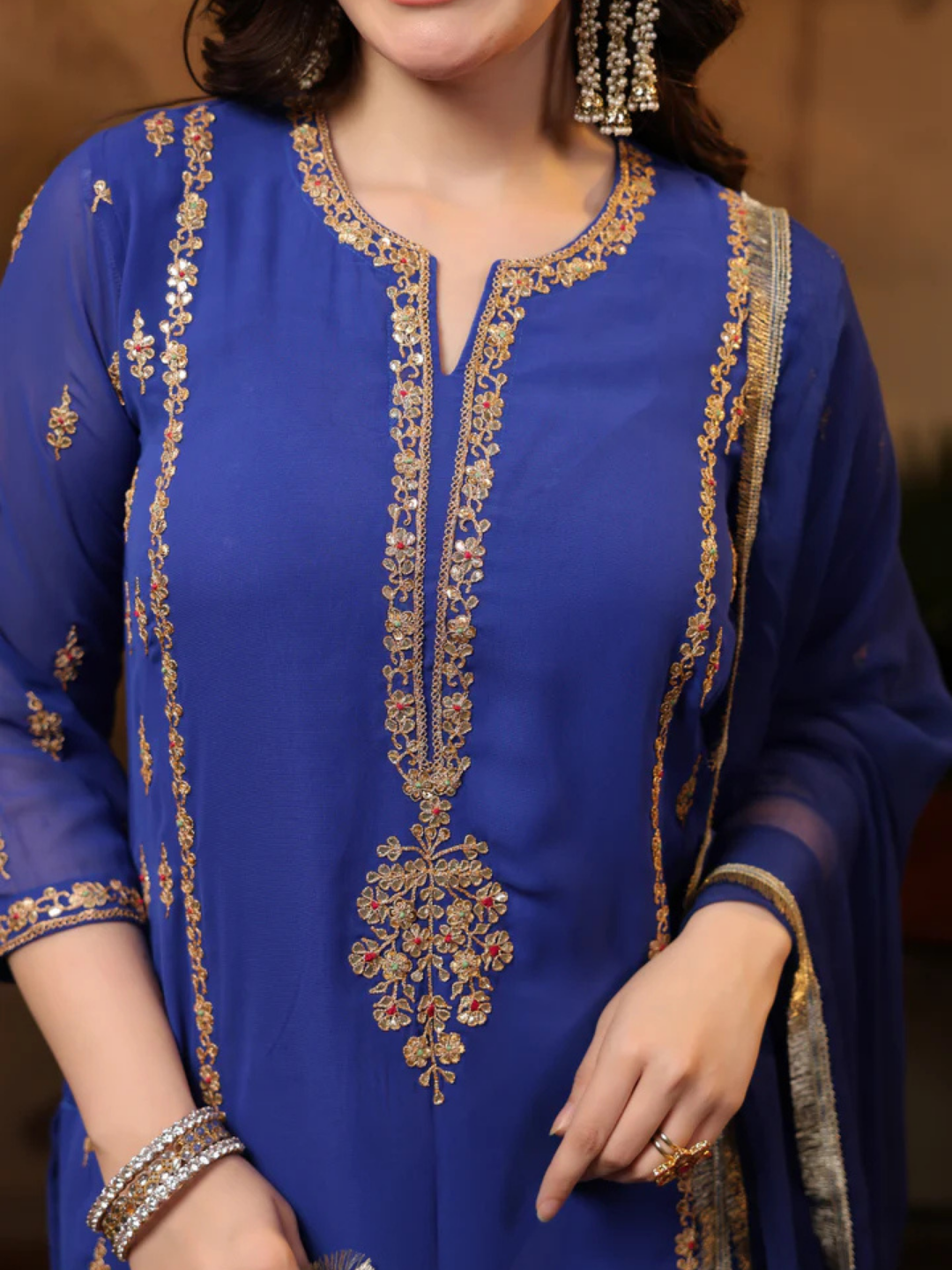 Zayla Royal Blue Georgette Suit Set with Marodi Embroidery