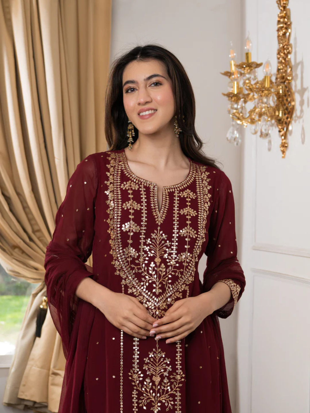 Zayla Viscose Georgette Suit Set with Hand Embroidery and Fringes