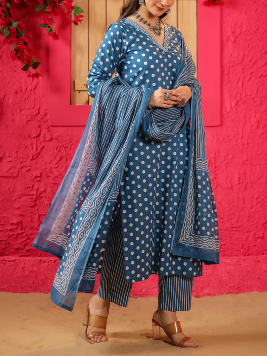 Zayla Blue Polka Cotton Straight Suit Set with Hand-Block Print