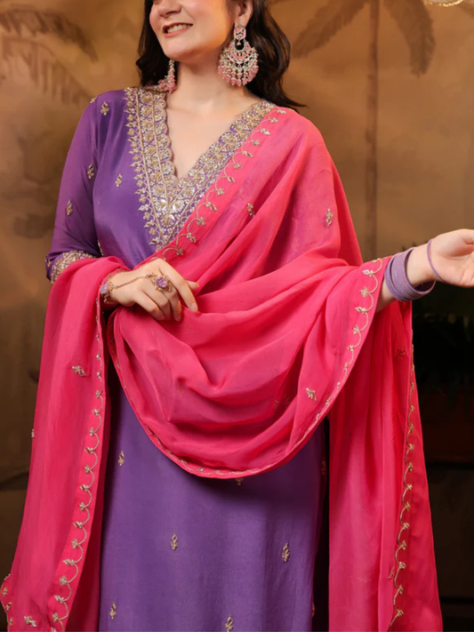 Zayla Purple Crepe Suit Set with Zardozi and Pearl Embroidery