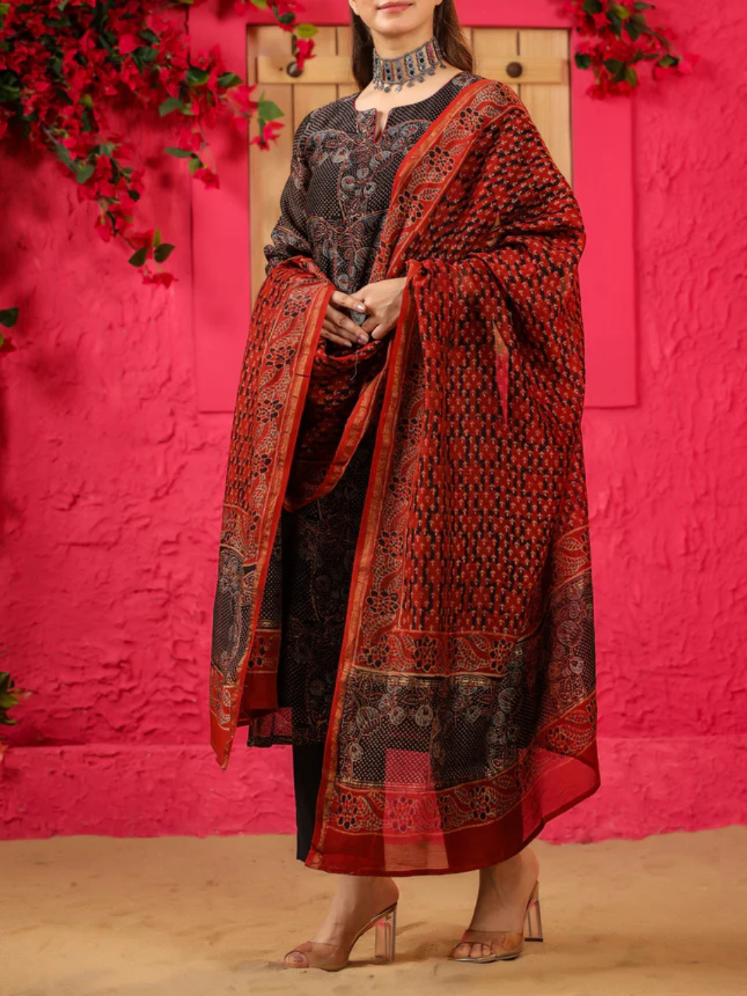 Zayla Saira Chanderi Suit Set with Hand-Block Printed Ajrak Design