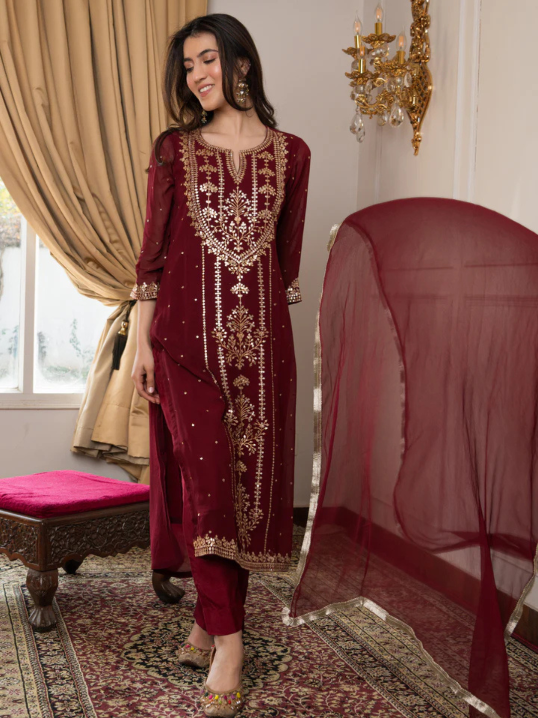 Zayla Viscose Georgette Suit Set with Hand Embroidery and Fringes