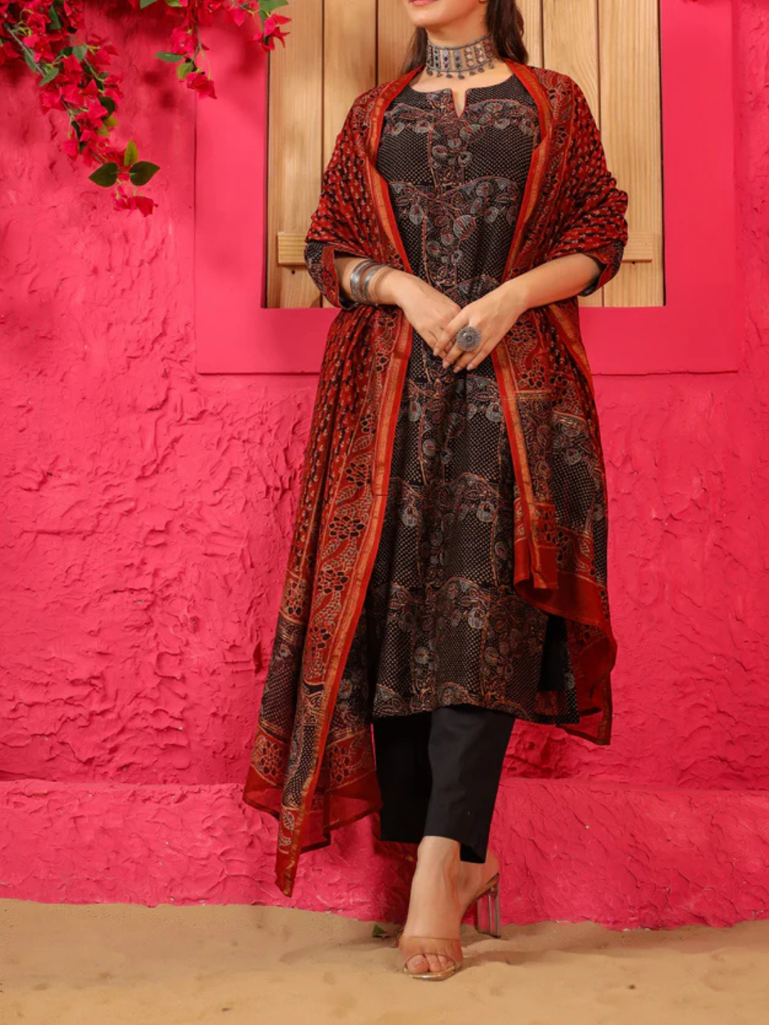 Zayla Saira Chanderi Suit Set with Hand-Block Printed Ajrak Design