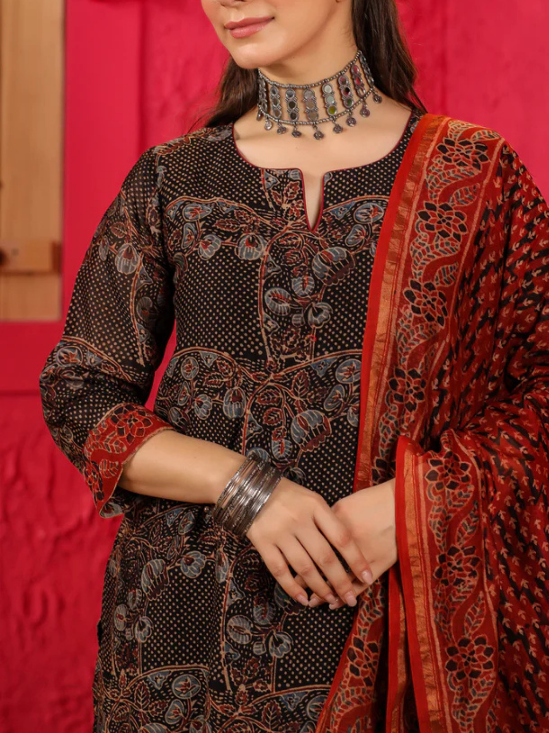 Zayla Saira Chanderi Suit Set with Hand-Block Printed Ajrak Design