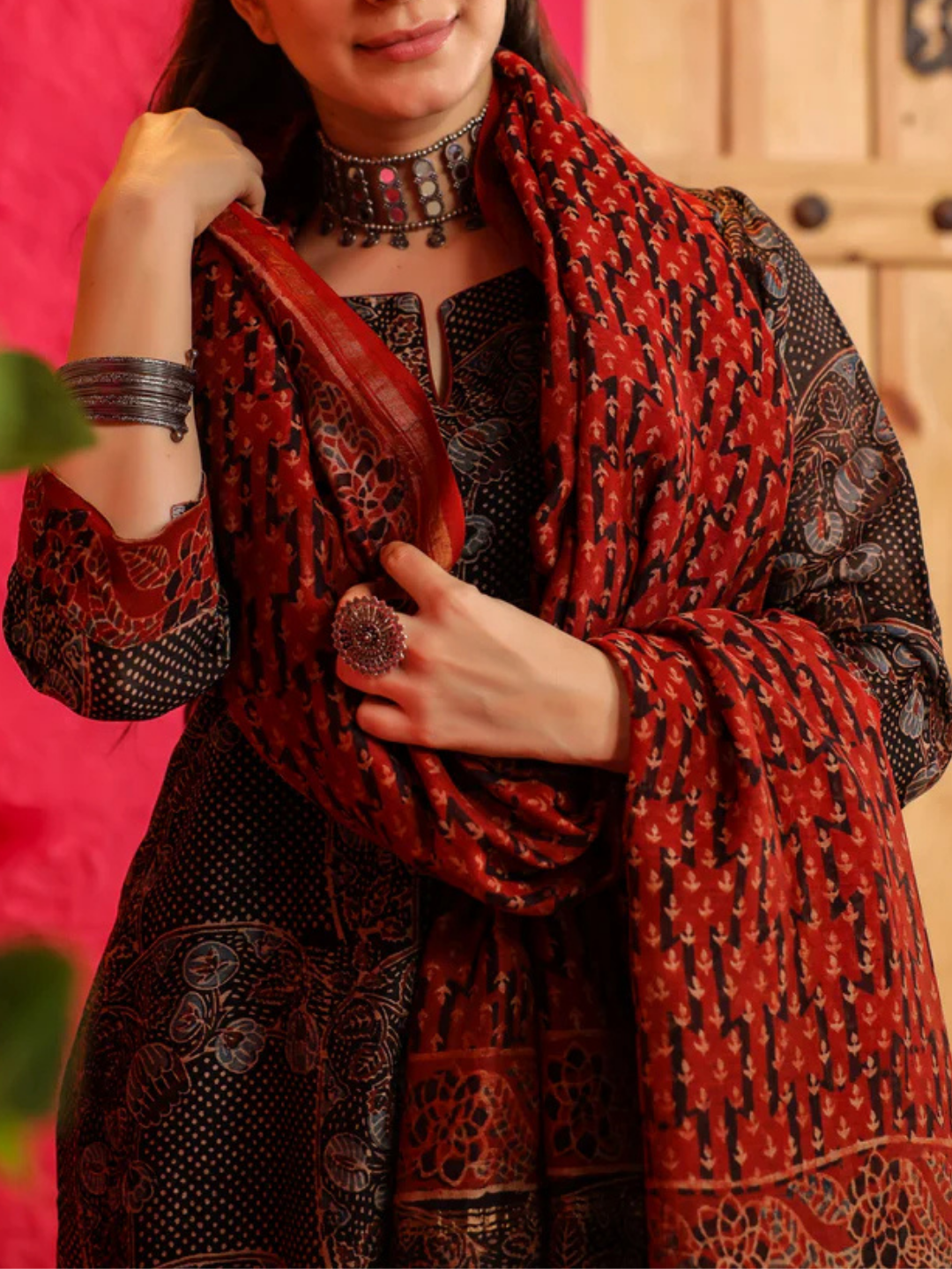 Zayla Saira Chanderi Suit Set with Hand-Block Printed Ajrak Design