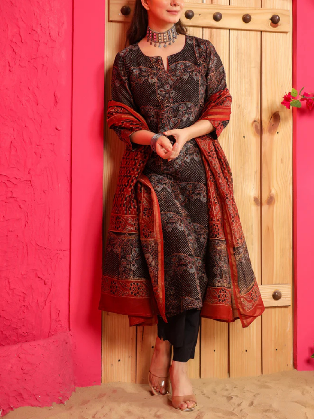 Zayla Saira Chanderi Suit Set with Hand-Block Printed Ajrak Design