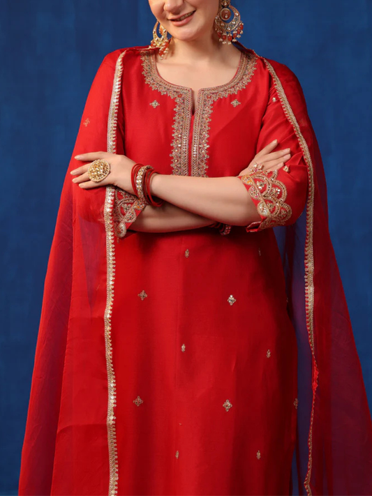 Zayla Red Chanderi Suit Set with Gota Patti Embroidery