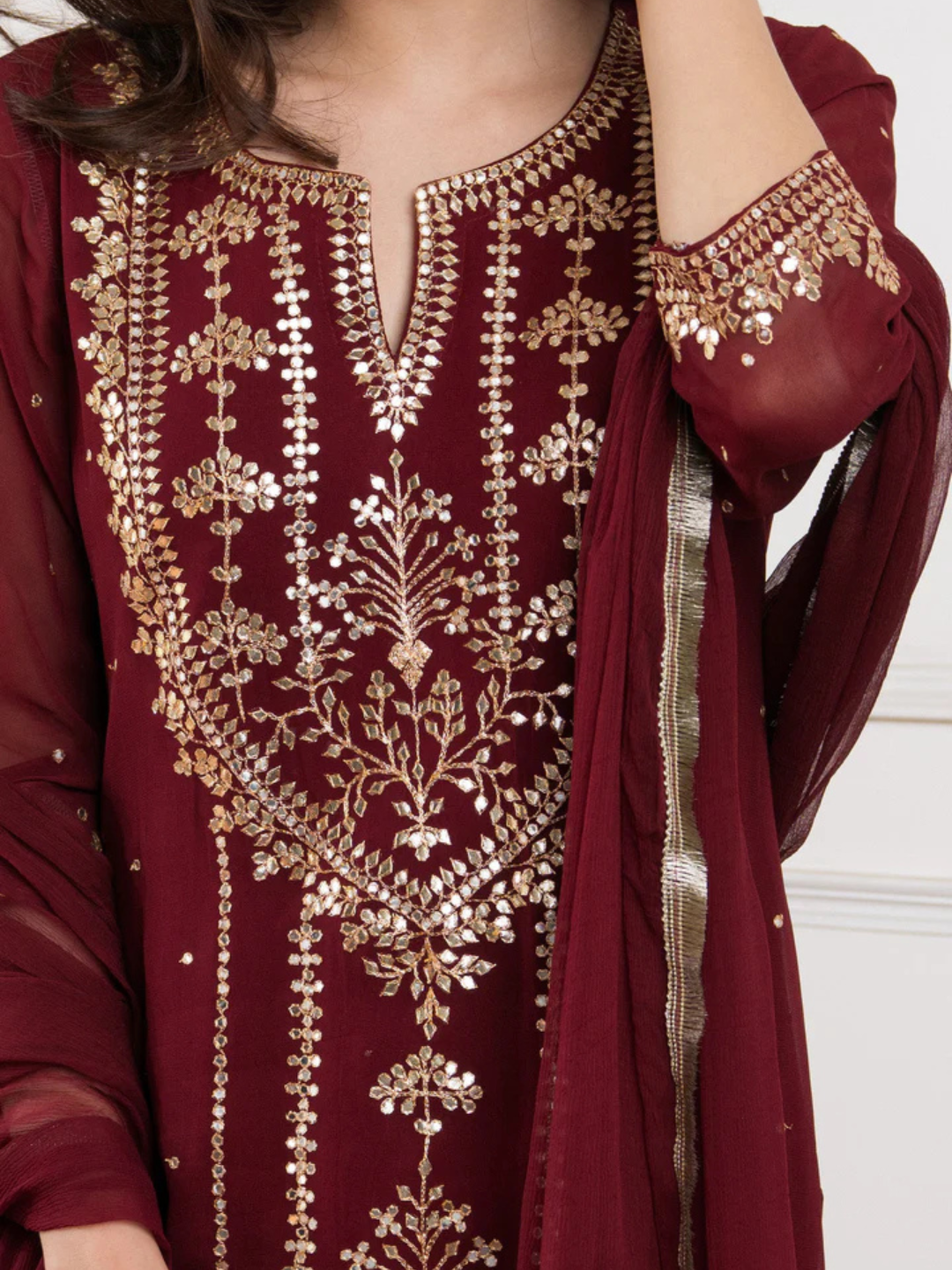 Zayla Viscose Georgette Suit Set with Hand Embroidery and Fringes