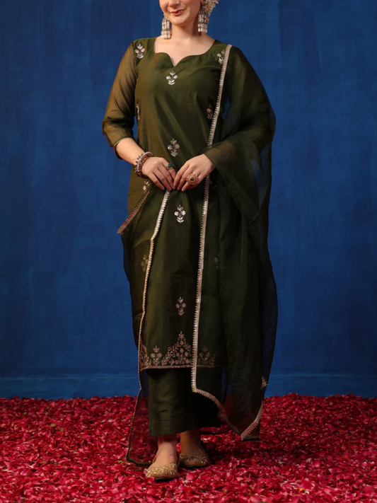 Zayla Olive Chanderi Suit Set with All-Over Gota Patti Embroidery