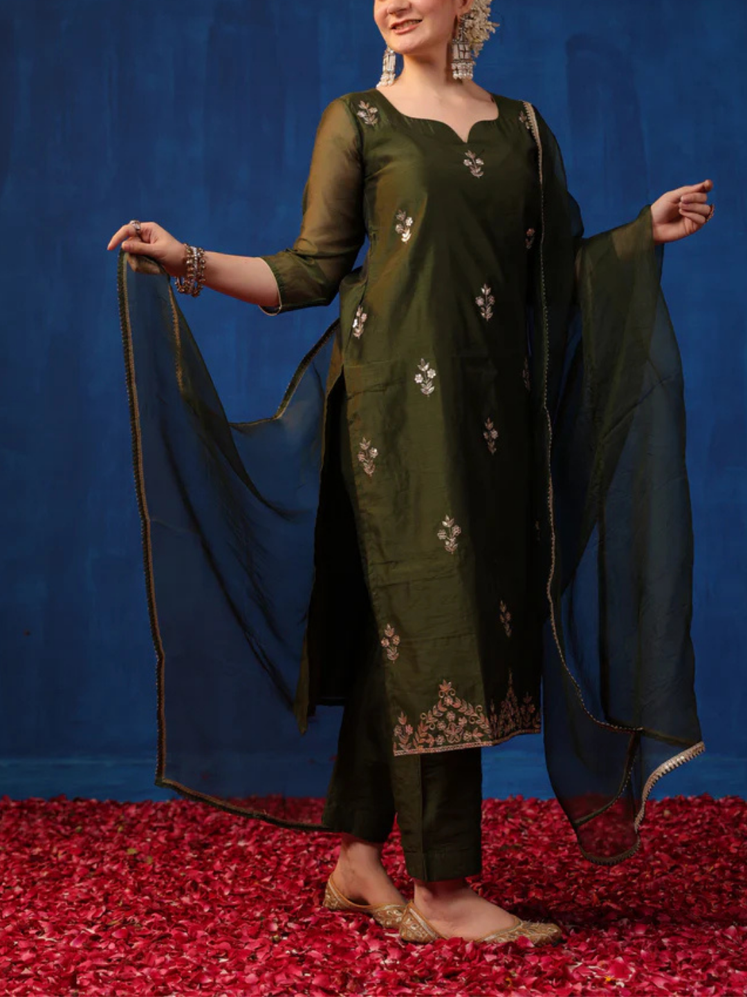 Zayla Olive Chanderi Suit Set with All-Over Gota Patti Embroidery