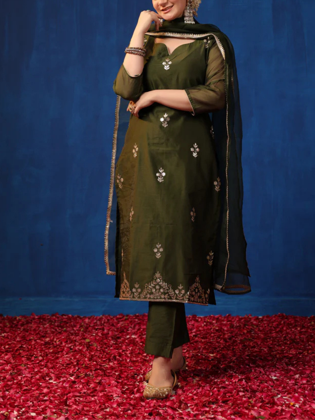 Zayla Olive Chanderi Suit Set with All-Over Gota Patti Embroidery