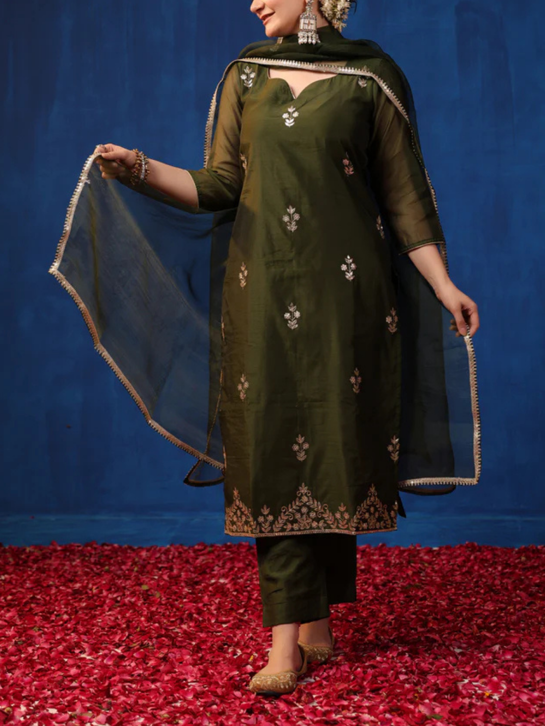 Zayla Olive Chanderi Suit Set with All-Over Gota Patti Embroidery