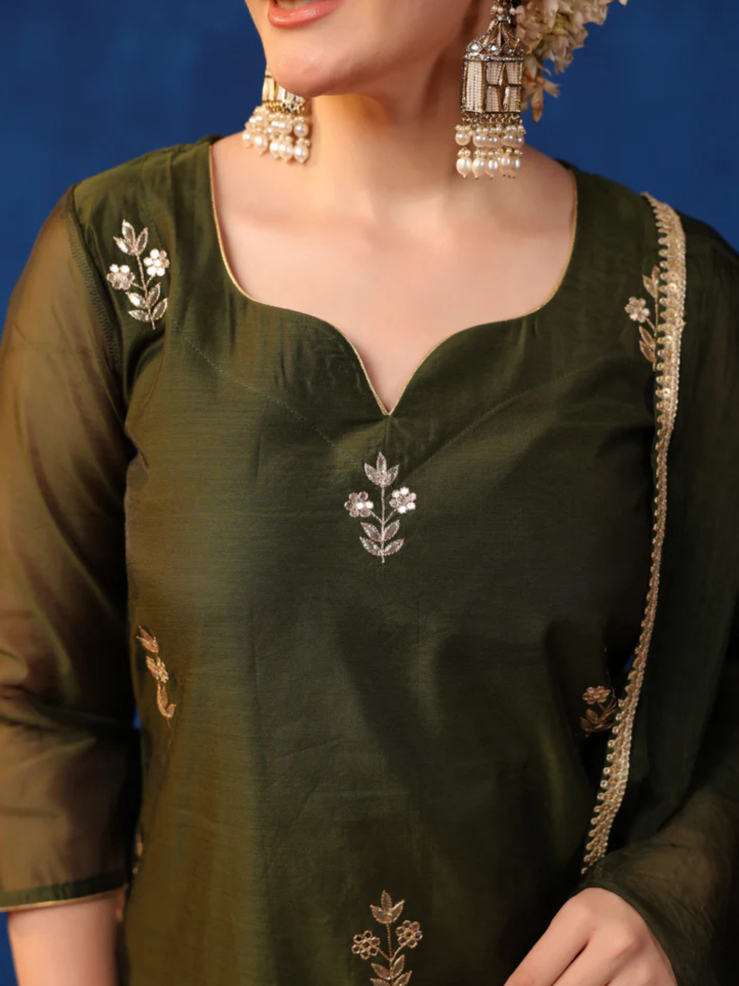 Zayla Olive Chanderi Suit Set with All-Over Gota Patti Embroidery