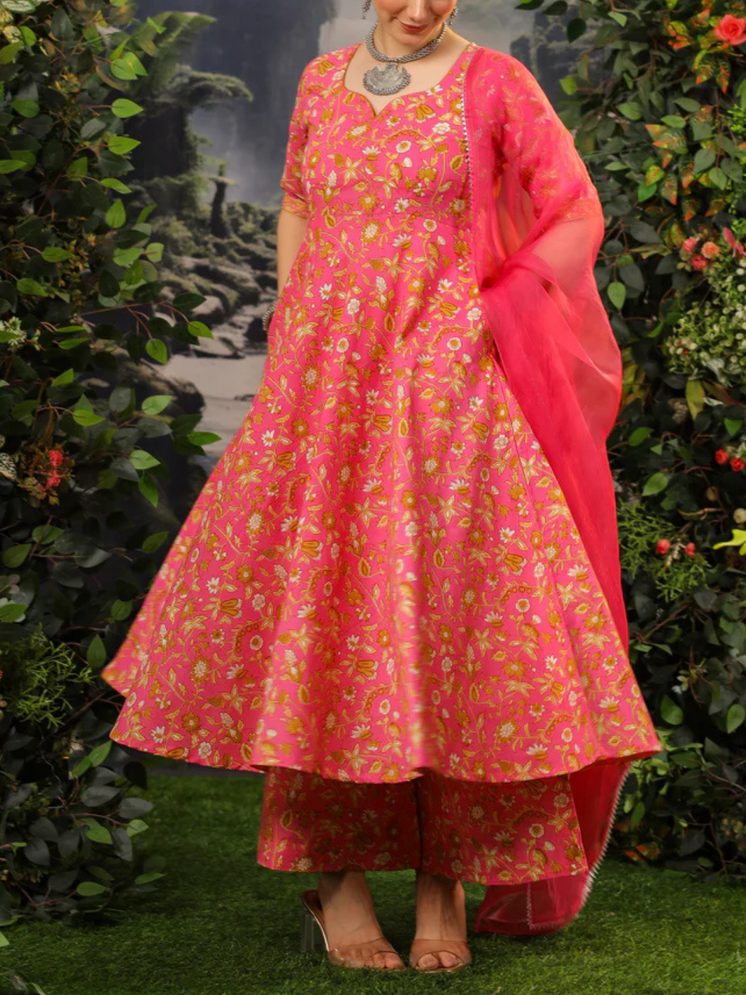 Zayla Coral Pink Cotton Anarkali Suit Set with Floral Print