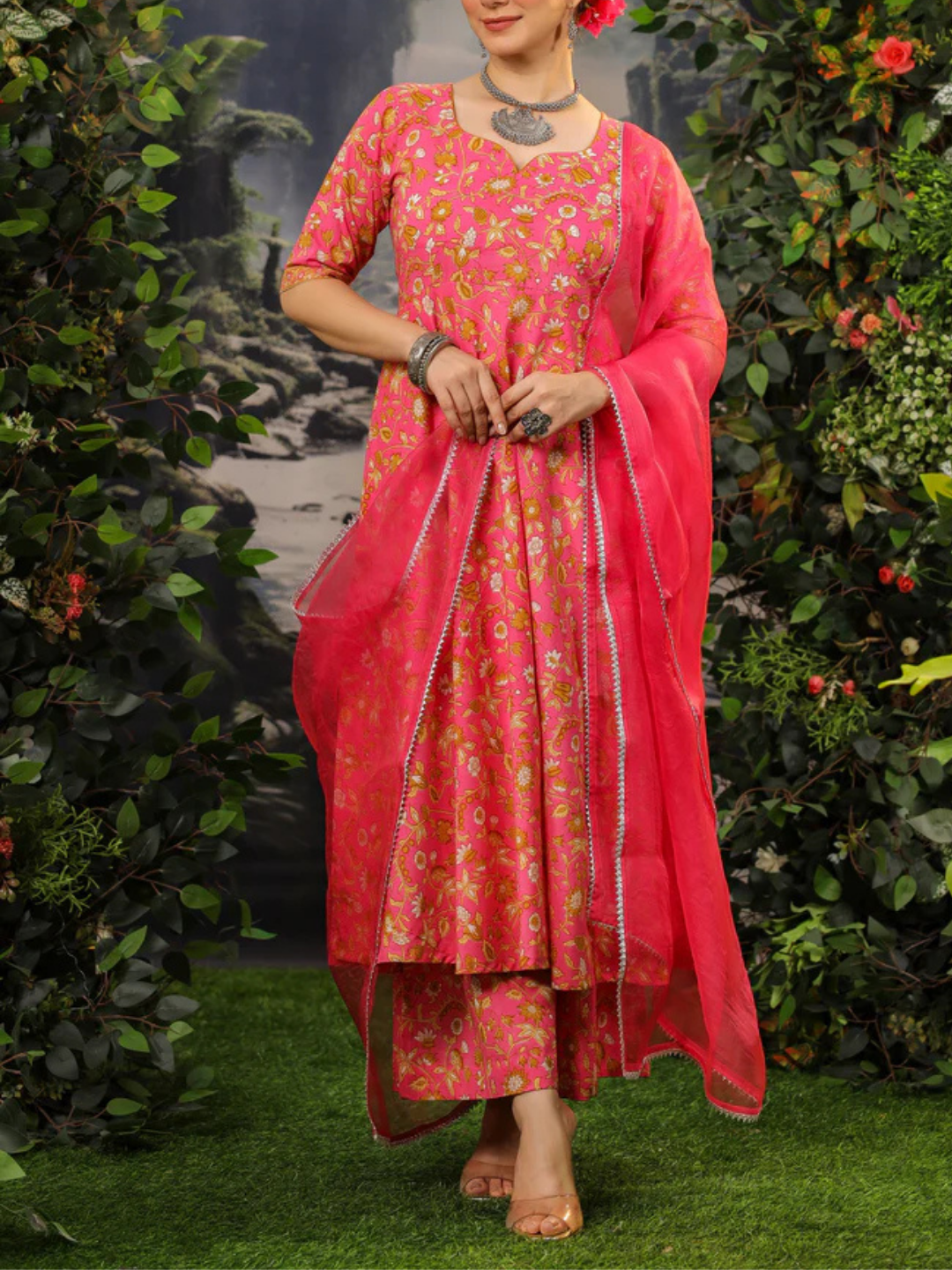 Zayla Coral Pink Cotton Anarkali Suit Set with Floral Print