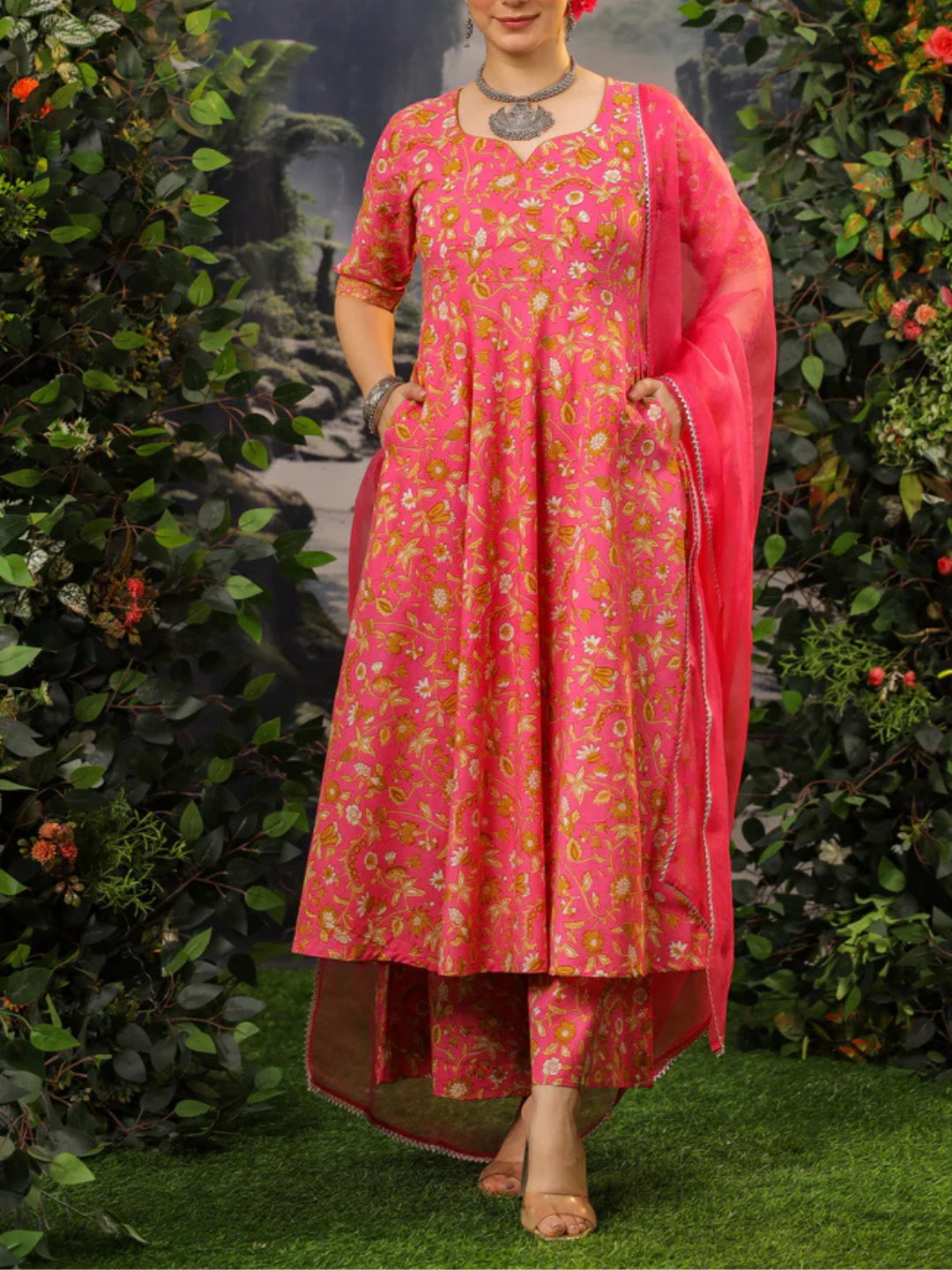 Zayla Coral Pink Cotton Anarkali Suit Set with Floral Print