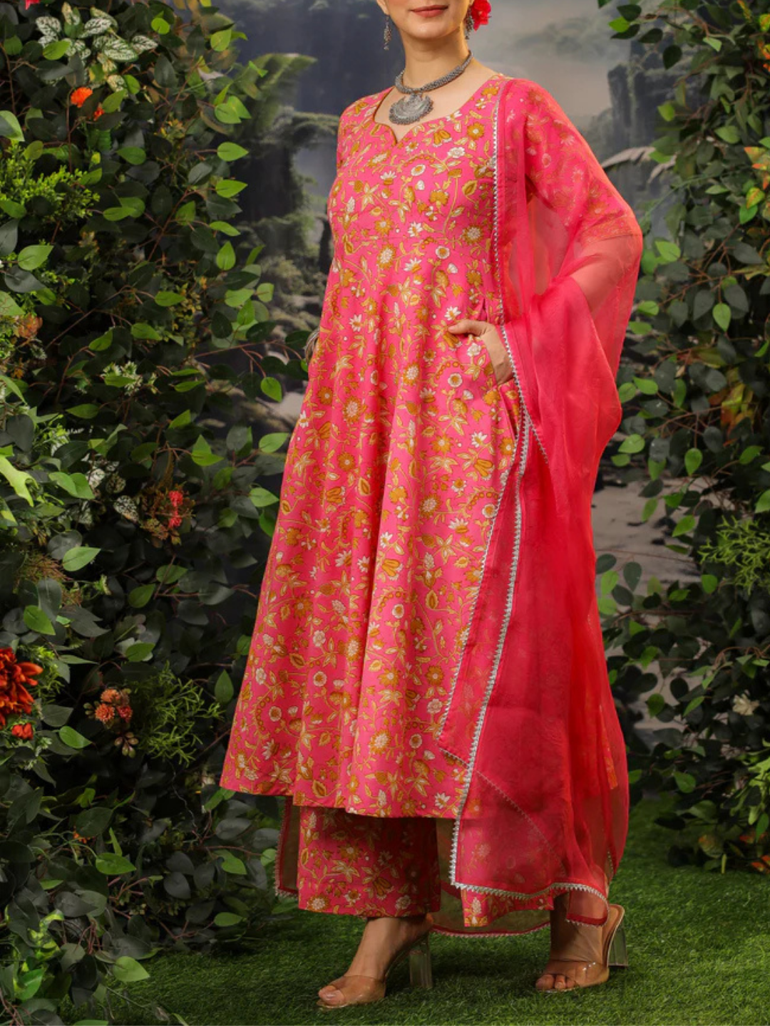 Zayla Coral Pink Cotton Anarkali Suit Set with Floral Print