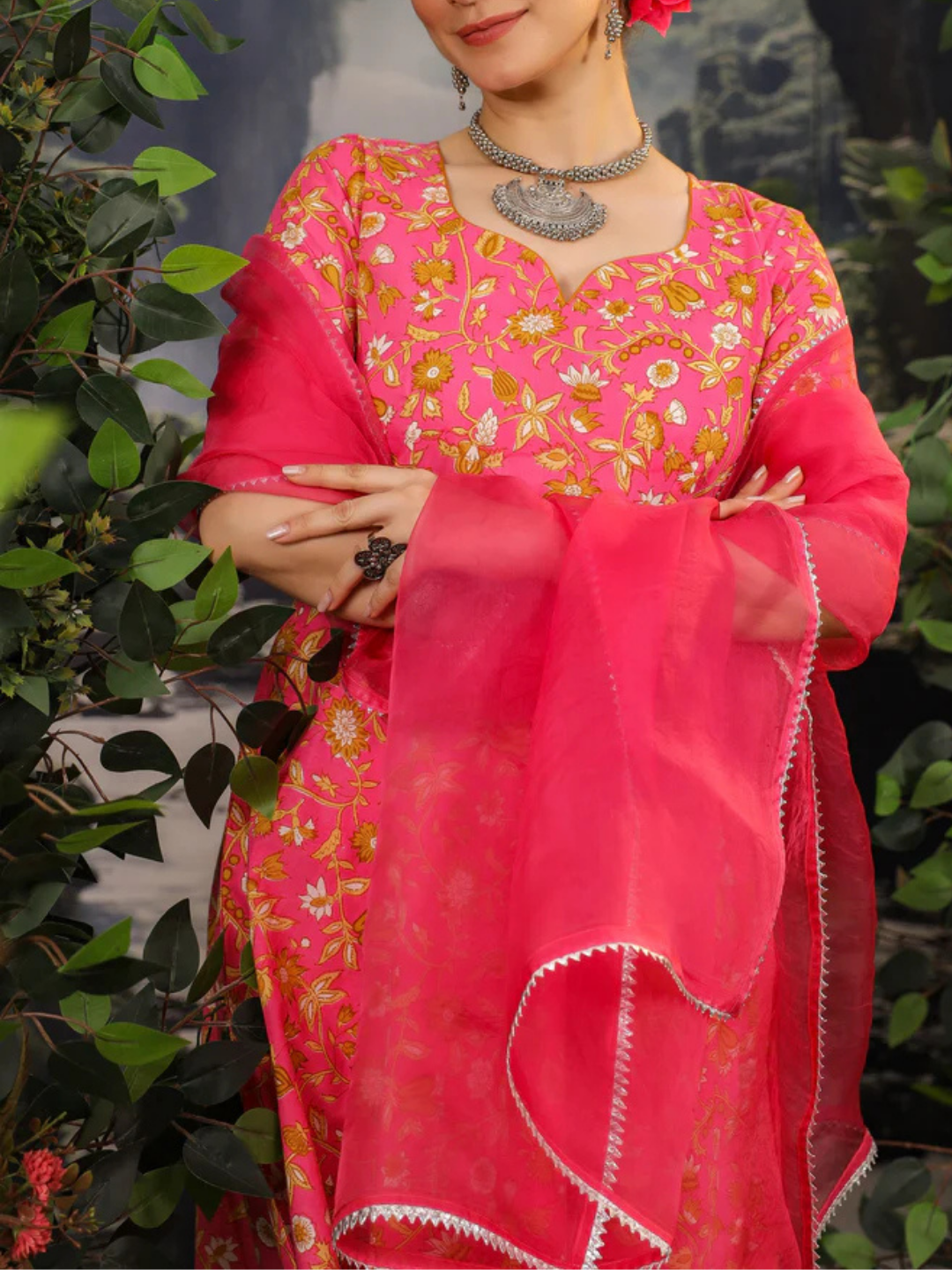 Zayla Coral Pink Cotton Anarkali Suit Set with Floral Print